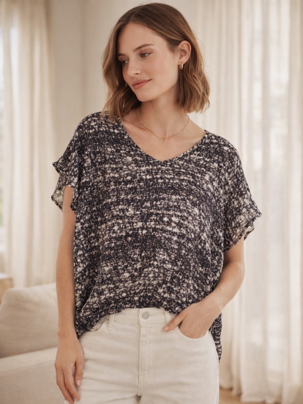 Joie 100% Silk Abstract Blouse Black Ivory Oversized Dolman S
